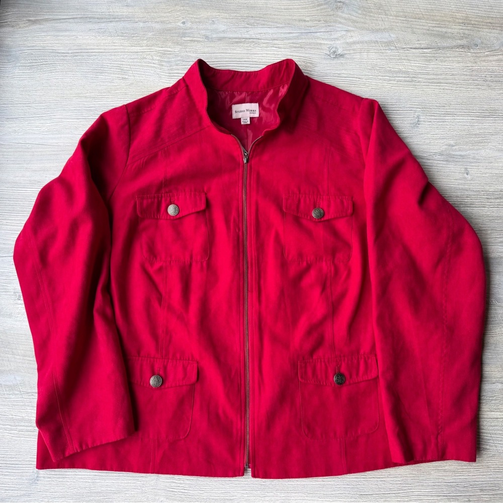 Studio Works Woman Red Faux Suede Full Zip Utility Jacket 24W Plus Size